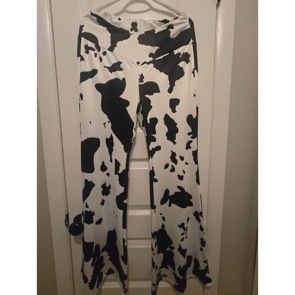 Black & White Cow Print Bootcut Pants by Shein size L
